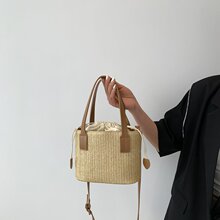 2024秋季新款yyds，火爆上新斜挎包抽带撞色草编女包百搭简约百搭