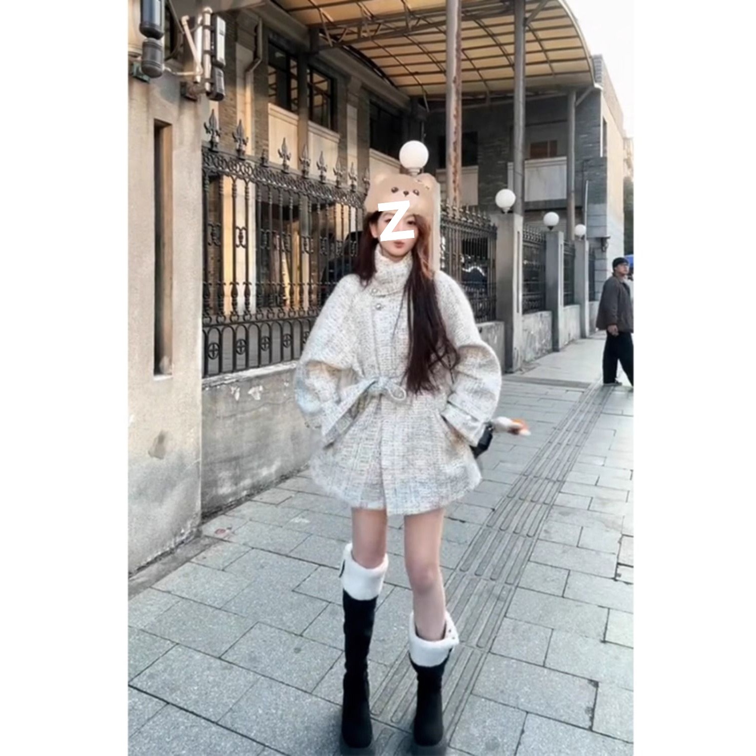 小香风系带收腰加厚外套2.00女冬新款感超好看气质中长款斗篷上衣