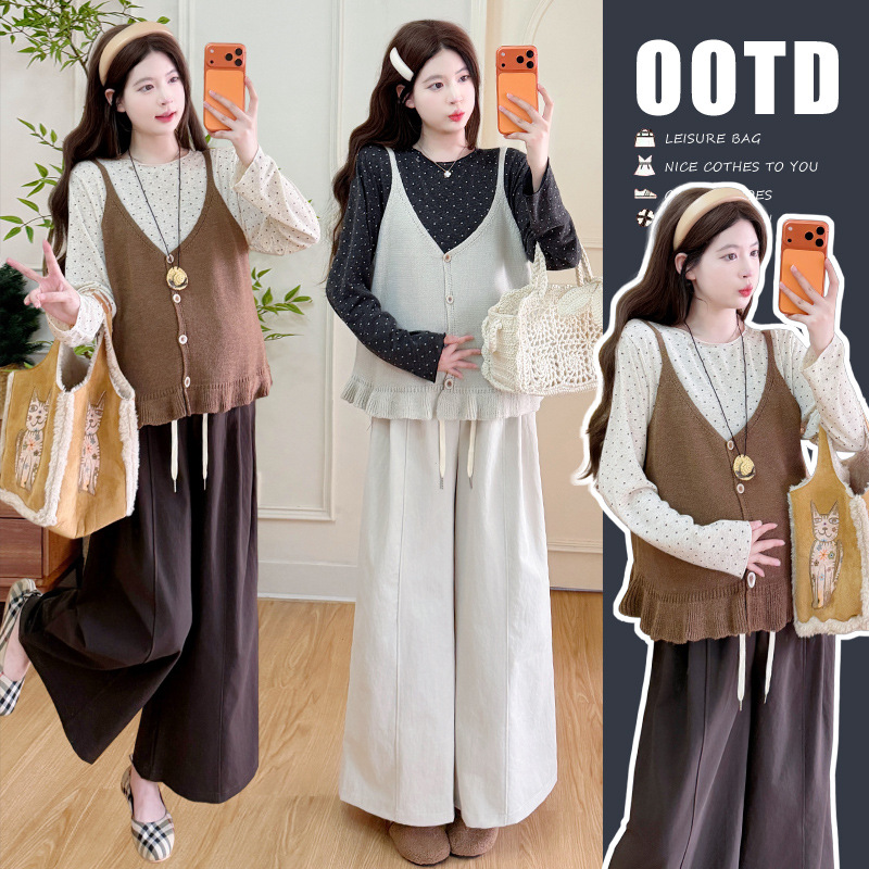 Pregnant women's autumn sweet retro new style knitted vest layered with polka dot base shirt and casual wide-leg pants set