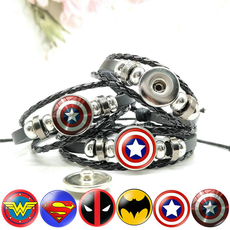 Marvel Series Hero Badge Captain America Superman Batman Time Gem Cowhide Woven Rope Bracelet