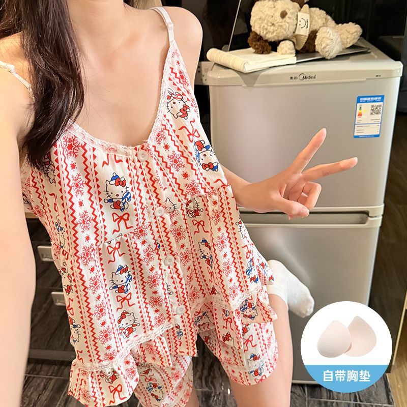 Venta al por mayor transfronteriza verano nuevo estilo cabestrillo cárdigan con almohadilla para el pecho pijama de algodón de nube desmontable traje de servicio a domicilio sexy para mujer