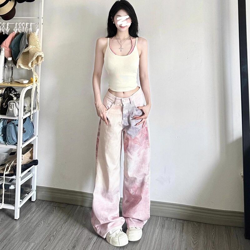 【新塘牛仔全店现货】美式复古粉色牛仔裤女高腰宽松直筒阔腿长裤|undefined