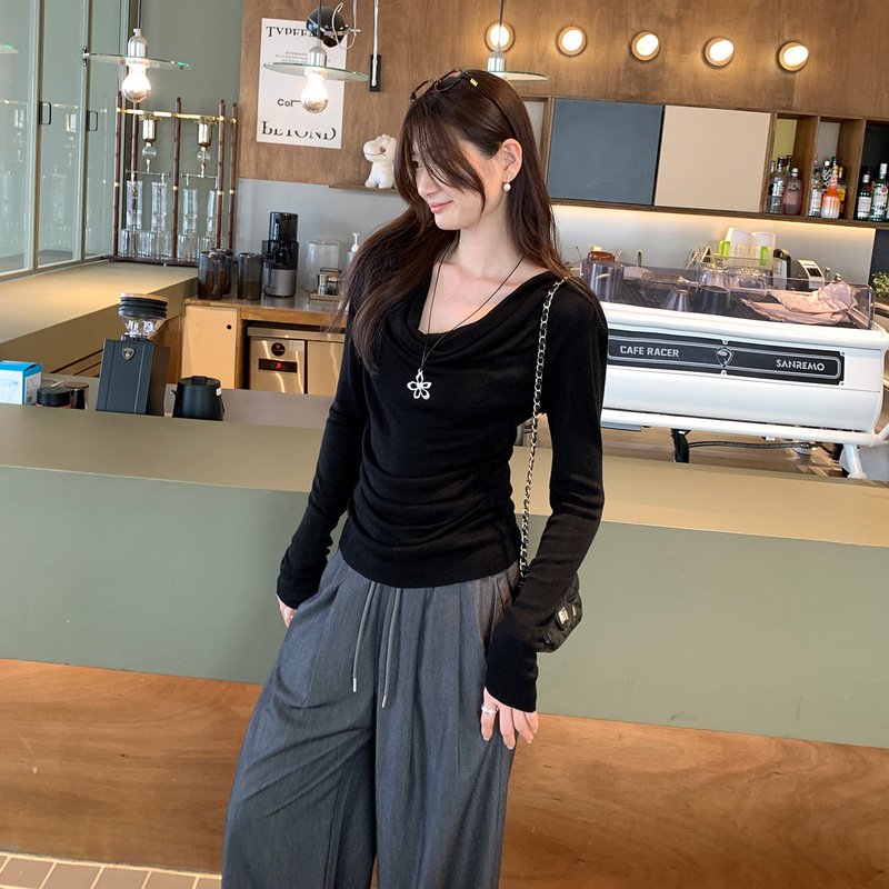 莱赛尔天丝韩系独特荡领长袖针织衫女2025早秋新款高级感单穿上衣|undefined