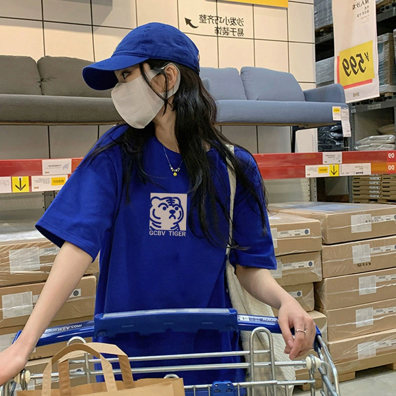 Синяя Хлопковая женская нишевая футболка с короткими рукавами на плечо, лето 2024, новый топ, маленький Американский тяжелый свободный