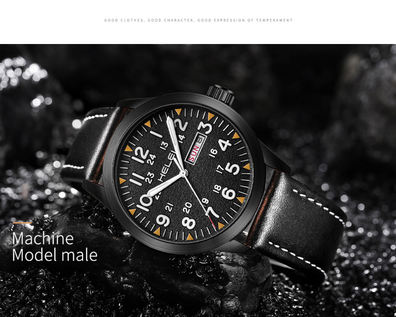 New Brand HELEI Men's Watch Genuine Leather Waterproof Luminous Wrist Watch Quartz Watch Calendar Week Display_voghion.com