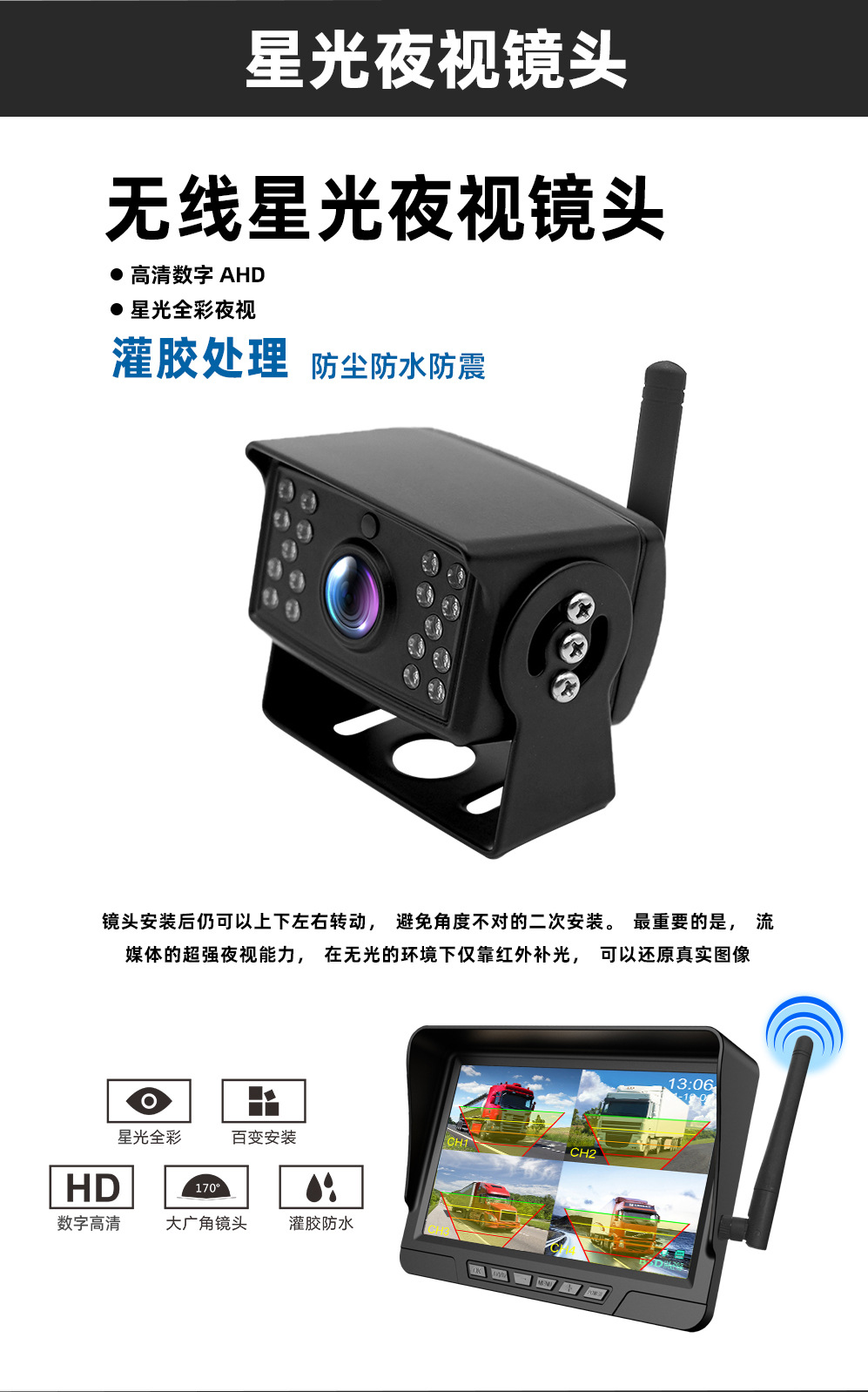 Wireless Car Monitor Backup Camera HD Night Vision Dual Recording