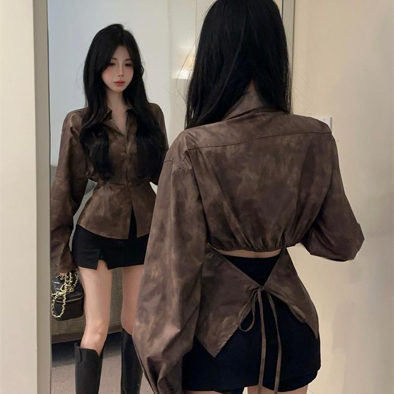 2025 Design Early Autumn Exposed Waist and Waist Tie Long-Sleeved Soft Leather Lapel Shirt Female Sexy Unique Shirt
