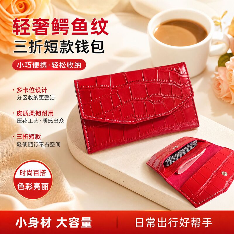 Luxury Crocodile Pattern Women's Short Wallet, Red Leather Card Holder, Simple Coin Purse, Portable Small Bag Wholesale