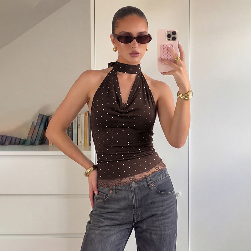 European And American Women's Clothing 2026 Summer New Fashion Polka Dot Lace Slim-fit Versatile Backless Strap-up Tube Top_ecoleips.com