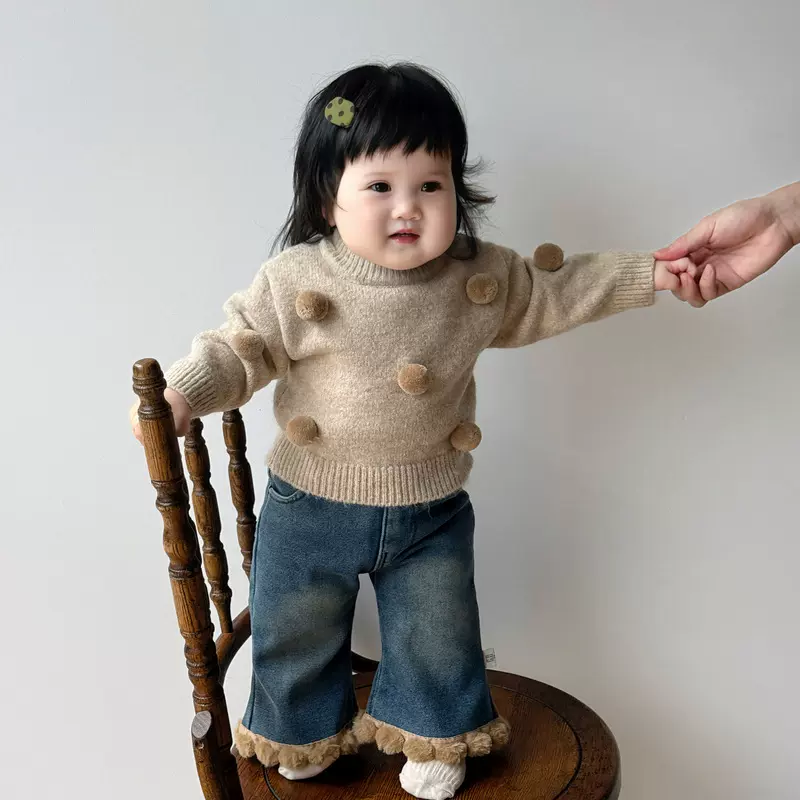 韩版女童秋冬毛衣套装宝宝洋气毛球加厚针织衫婴儿保暖牛仔喇叭裤