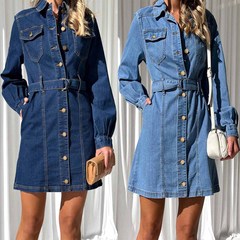 2023アマゾンクロスボーダー欧米ファッションカジュアルボタンストラップ着痩せ長袖デニムワンピース女性32136