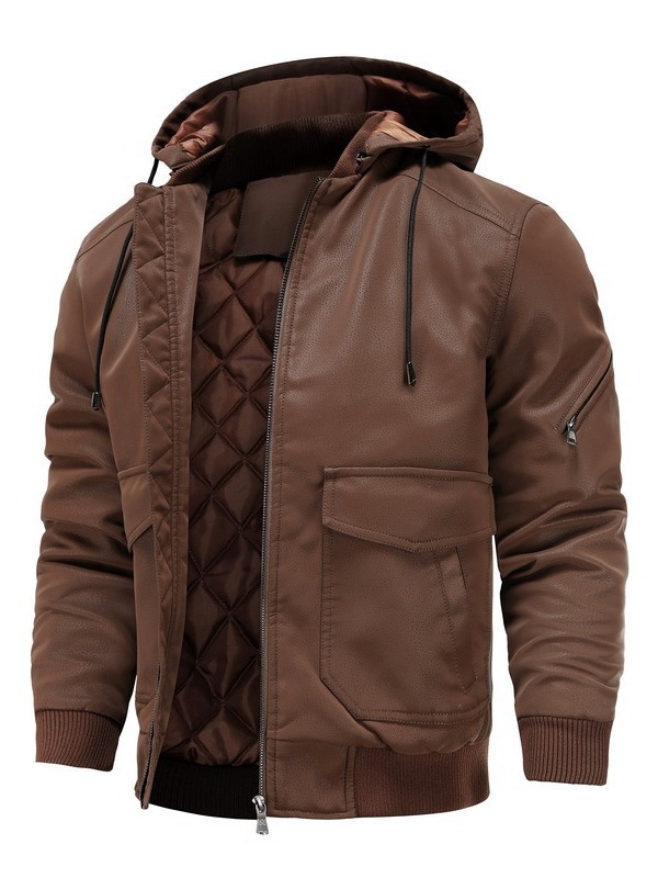 PU chaqueta de cuero de los hombres engrosada chaqueta de la motocicleta uniforme de béisbol ropa acolchada sombrero parka desmontable