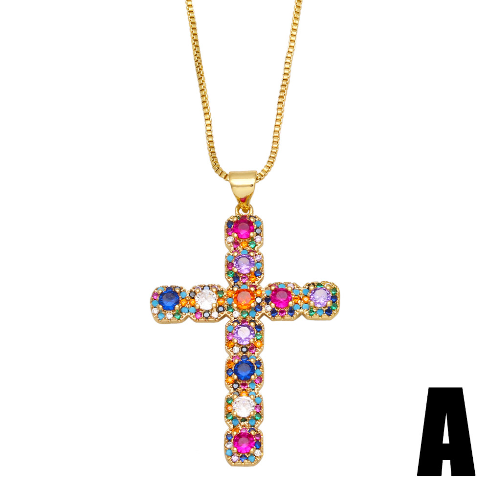 Fashion Hip Hop Micro-Inlaid Color Zircon Cross Copper Necklace