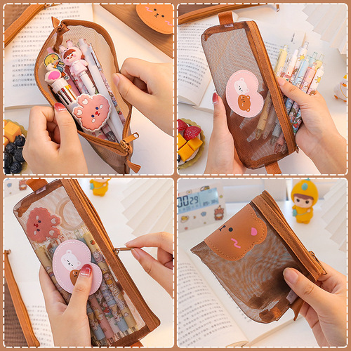 Cute mesh pencil bag girly heart student large capacity transparent stationery bag ins Japanese bear large pencil case