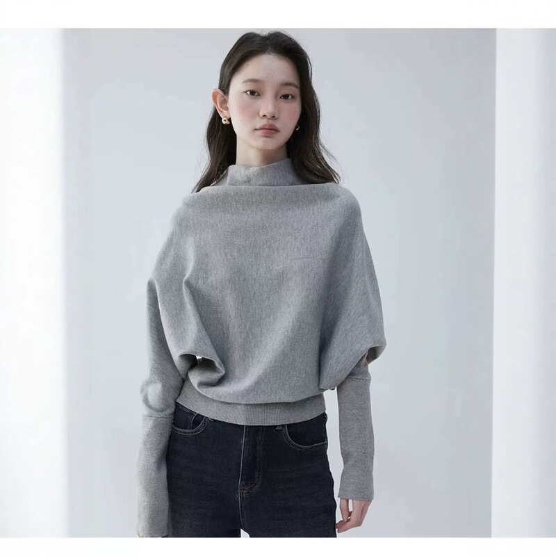 "Mustard Pie VOOE" Gray Half-High Collar Batwing Sleeve Pullover Sweater for Women, Stylish Loose Top 7039 "Mustard Pie VOOE" Gray Half-High Collar Batwing Sleeve Pullover Sweater for Women, Stylish Loose Top 7039
