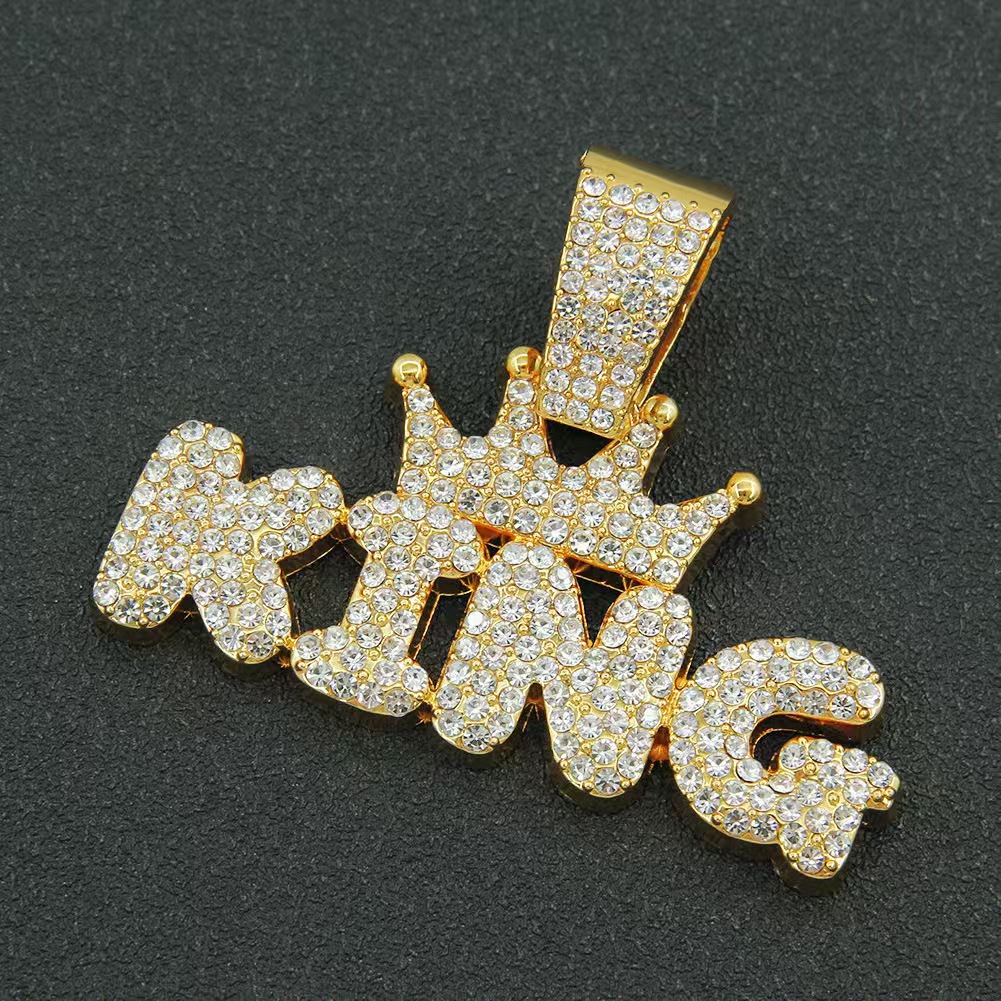 Pendentif KING en diamants serti sur une chaîne cubaine, style hip-hop européen-américain, pour homme et femme. Bijou unisexe._voghion.com