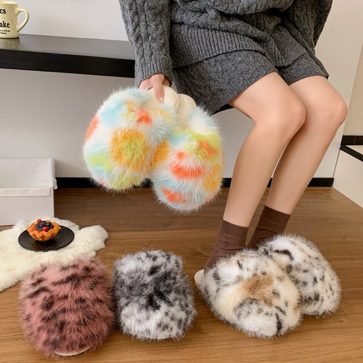 Cross-Border Amazon Large Size Fluffy Color-Blocked Slippers with Soft Soles, Winter Closed-Toe Home Warm Color-Blocked Cotton Slippers