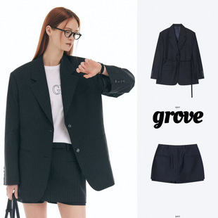 Korean Grove Stripesd Lace-Up Adjustable Belt Suit Cardigan Jacket Slimming Look High-Waisted Short Skirt Suit for Women