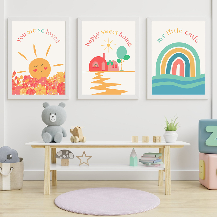 Modernes minimalistisches Kinderzimmer-Cartoon-Leinwandbild mit inspirierenden Zitaten zu Sonne, Mond und Regenbogen – ideal für Babyzimmer._voghion.com