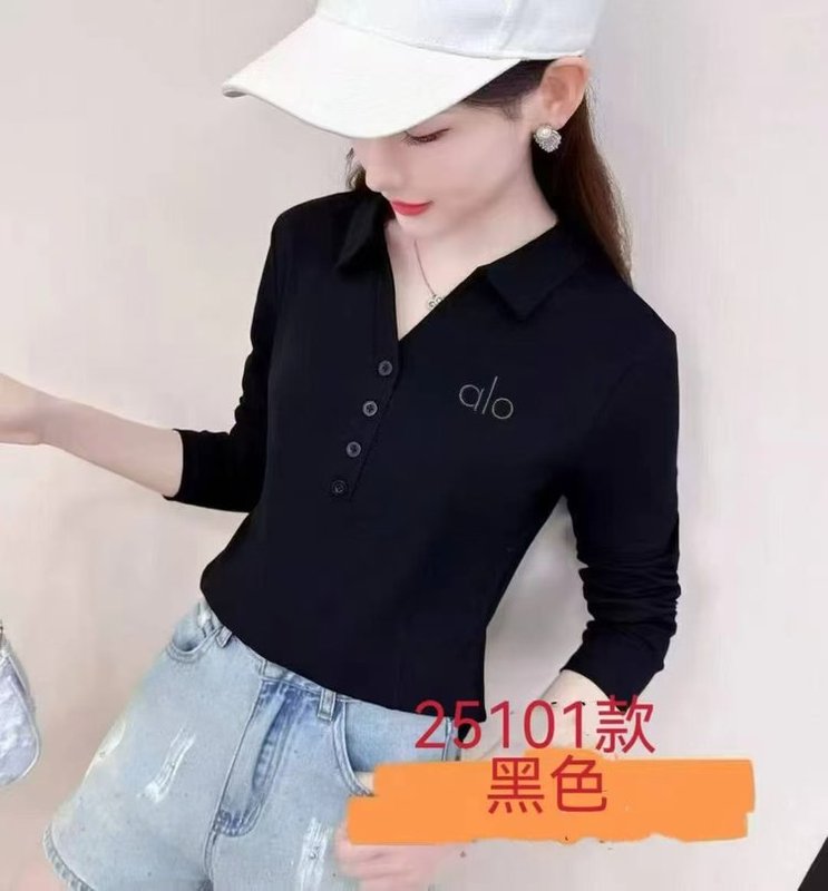 一件代发长袖t恤女刺绣字母POLO领打底衫2025春秋季新款纯色上衣|undefined