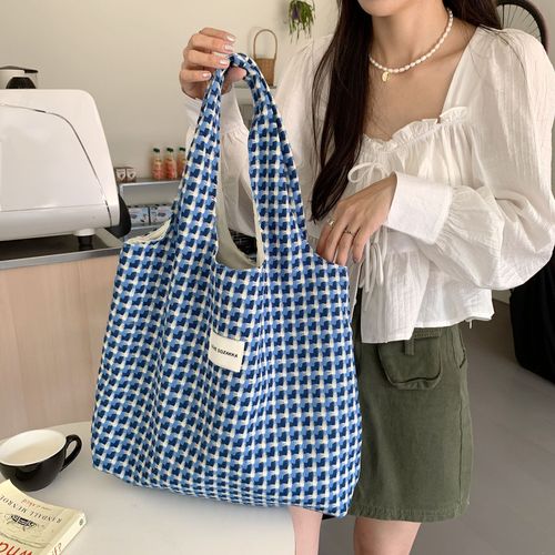 28161 Korean style refreshing lake blue vest bag fashionable plaid woven portable shoulder bag student class bag