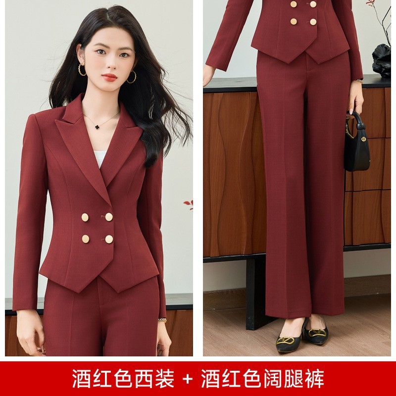 时尚双排扣西服职业套装两件套裤秋冬季短小西装外套女主持人正装|undefined