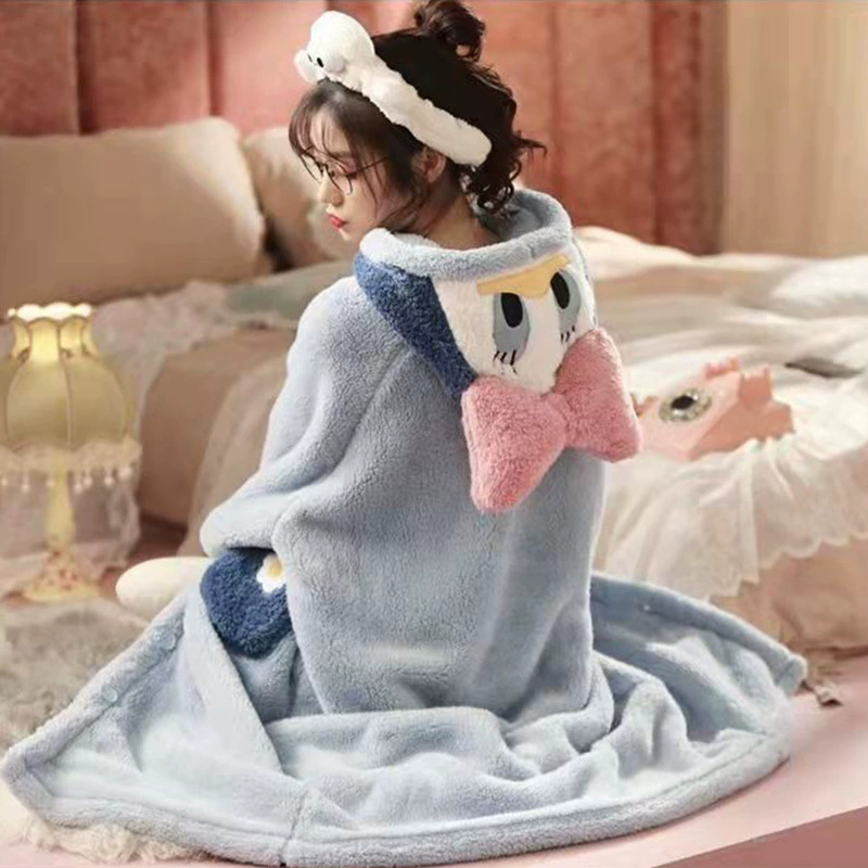 Пижамное платье из фланели кораллового бархата, длинное женское халат, плюшевый мультяшный милый, синий