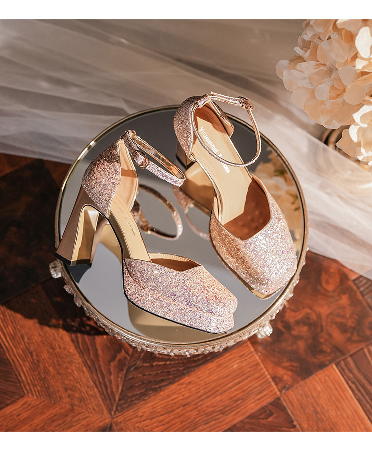 Zapatos de tacón grueso con plataforma impermeables Y9678, con hebilla brillante, ideales para bodas, banquetes y eventos sociales._voghion.com