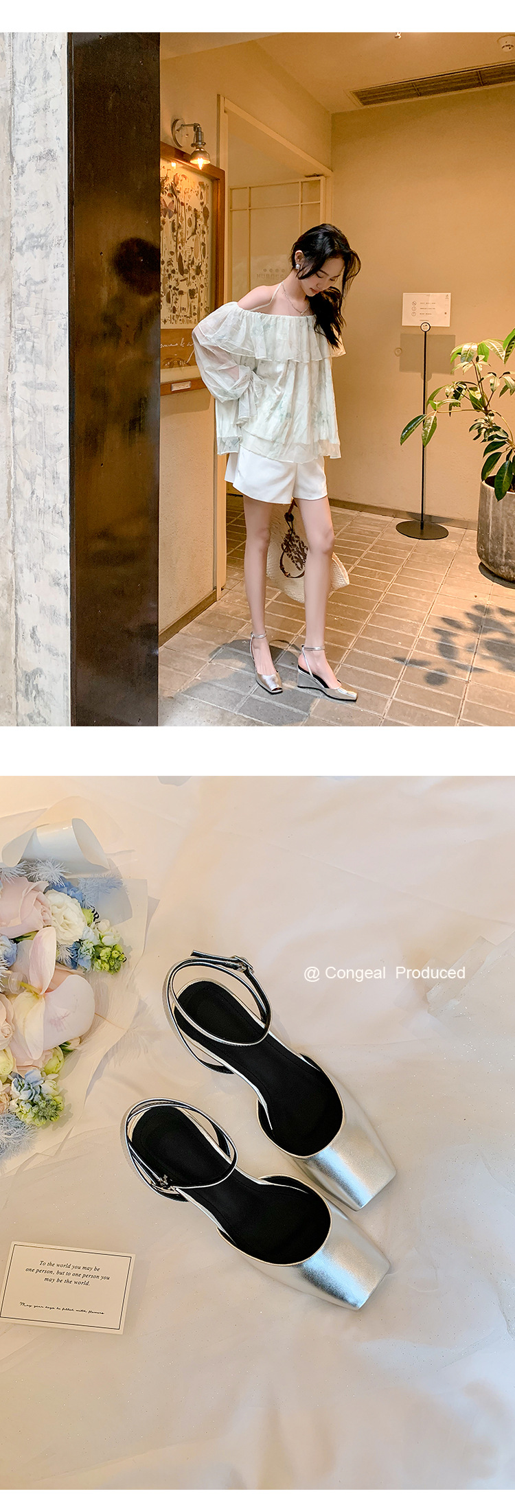 Sandal cao gót nữ mũi vuông quai mắt cá chân, gót xuồng 9 cm — đen, Màu trắng nhạt, bạc chi tiết 29