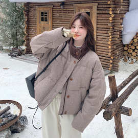 实拍针织领拼接条纹羽绒服女冬季2025新款设计感流行面包服短款