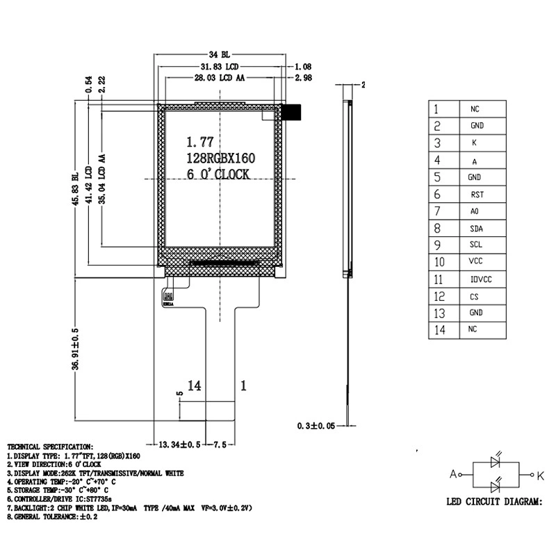 Экрана TFT LCD 1.8 дюйма SPI, полный угол обзора, цветной экран, цифровая электронная камера LCD-модуль