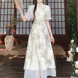 大码新中式国风复古改良旗袍裙女夏胖高级清冷感流苏显瘦连衣裙