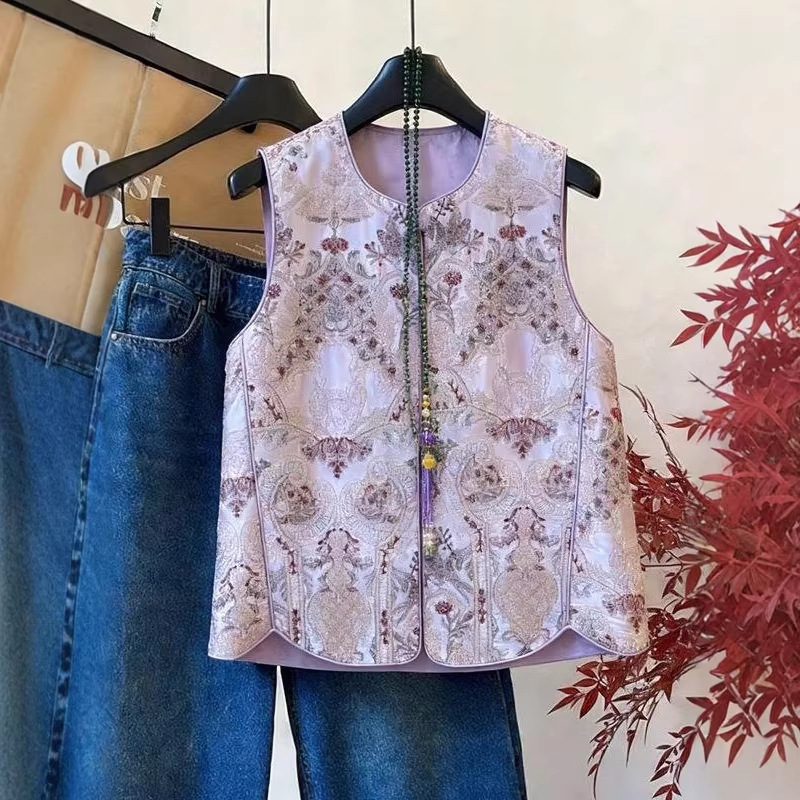 Nuevo estilo chino de estilo de viaje sin mangas chaleco suelto mujer 2026 primavera nuevo cuello redondo hebilla de una sola fila de impresión de reducción de edad hombro image 1