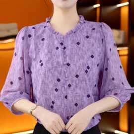 一件代发直播爆款法式木耳领衬衫女2026春夏季七分袖印花妈妈上衣