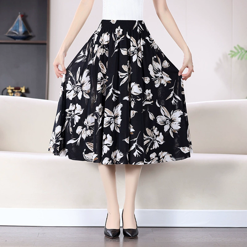 Летние платья среднего и пожилого возраста юбка половинный цветок юбка среднего и длинного среднего возраста женщина мама ледяной шелк квадрат танцует платье солнца