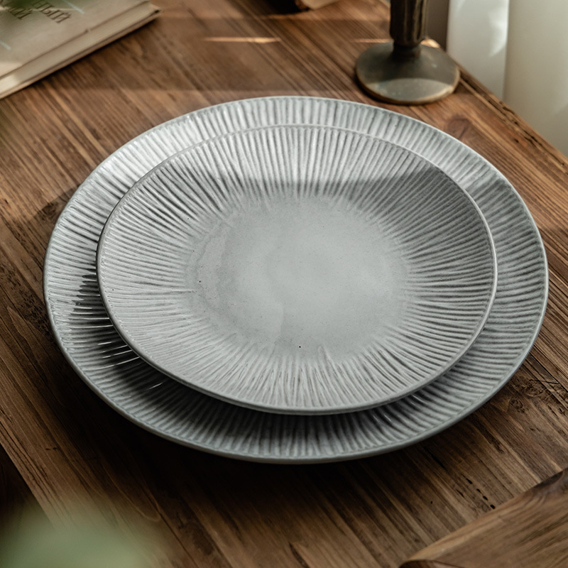 Arte en relieve bandeja de cerámica estriada gran bandeja de carne doméstica bandeja de comida occidental bandeja de cubierta bandeja al por mayor bandeja grande