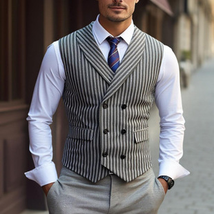 2025 Export New European and American Retro Men's Casual Double-Breasted Suit Vest Business Slim Striped Vest