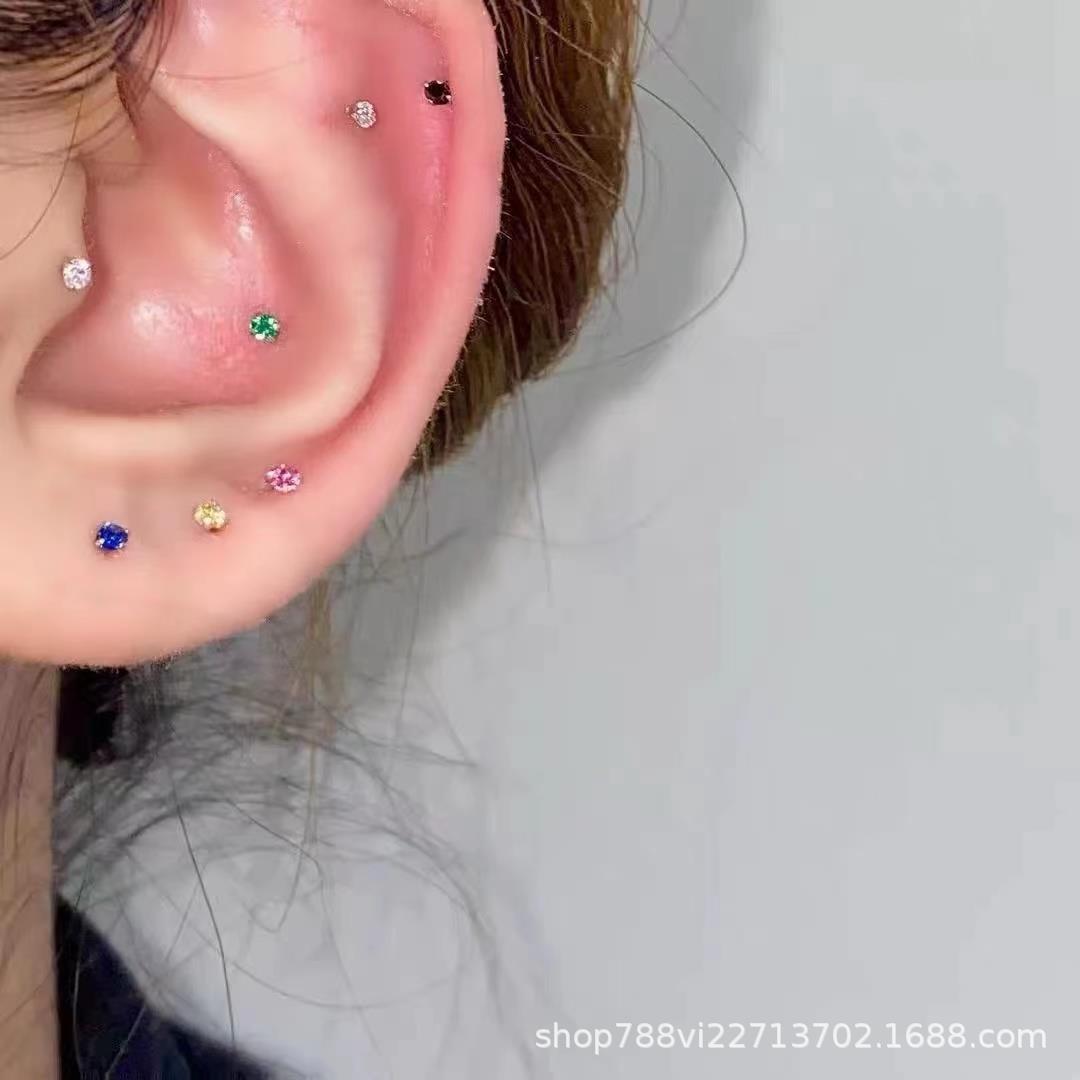 养耳洞新款日常百搭彩色锆石耳钉女ins风简约s925银耳骨钉耳饰