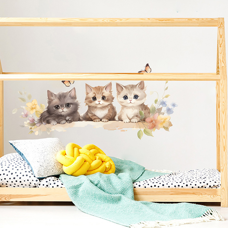 New ACC93003 cartoon kitten flower butterfly wall sticker children's room bedroom home decoration wall sticker self-adhesive