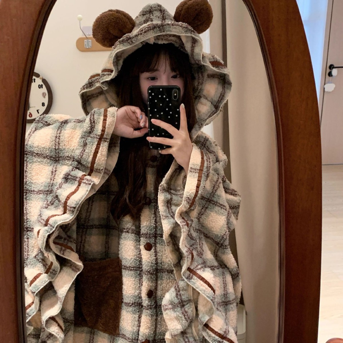 소녀의 귀여운 곰 후드 산호 양털 판초 잠옷 여성의 가을과 겨울 플란넬 잠옷 두꺼운 홈 옷 잠옷