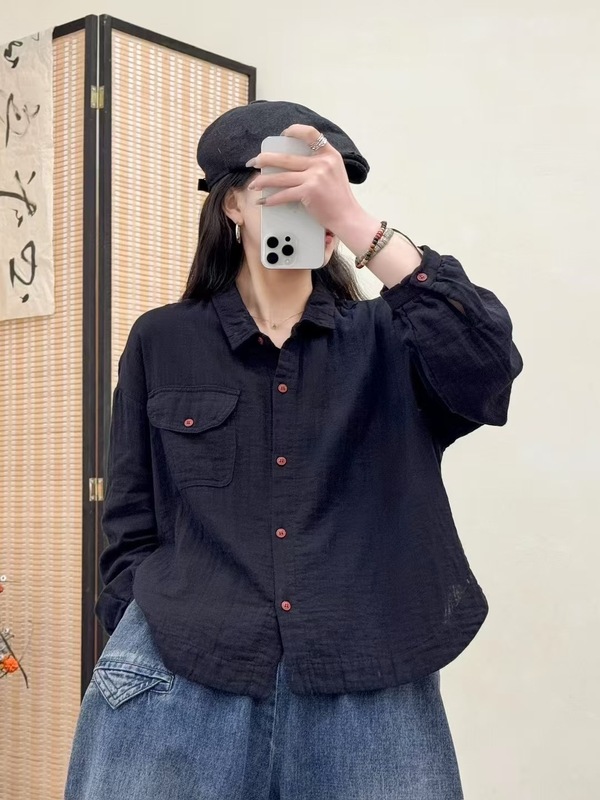 气质简约棉纱衬衫女短款2025秋新款宽松百搭休闲时尚百搭上衣7715|undefined