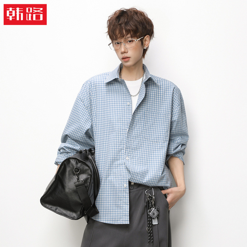 Color-Blocked Plaid Long-Sleeve Shirt for Men, Spring Style, Small Check Loose Casual Shirt, Miu-Style Outfit, Top Jacket