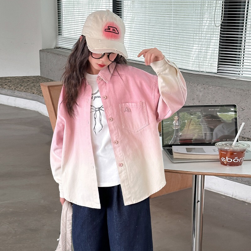 女童洋气长袖衬衫春秋2025新款中大儿童装渐变衬衣女孩外套上衣潮|undefined