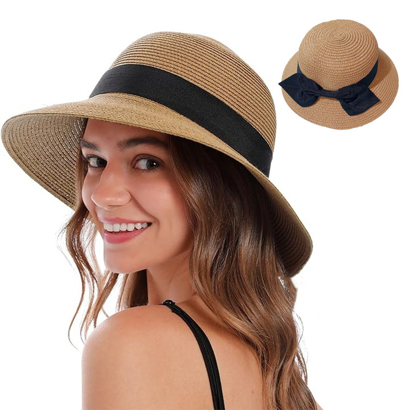 Dames strohoed met brede rand voor ouders en kinderen, meisjes zomerzonbescherming, eenvoudige, veelzijdige strandhoed met UV-bescherming, linnen en polyester_voghion.com