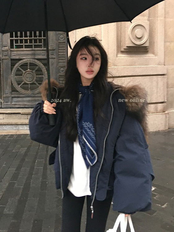 牛角扣大毛领连帽棉服外套女冬季韩系小个子加厚工装派克服|undefined