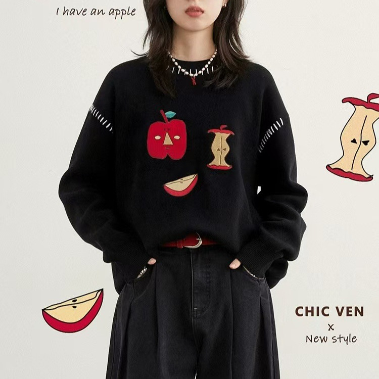Chicven Retro Winter Loose Cotton Round Neck Apple Embroidered Sweater Warm and Comfortable Top