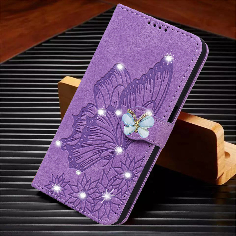Suitable for Samsung A56 5g Embossed Flip Card Phone Case S24Plus Diamond-Encrusted Butterfly Card Case