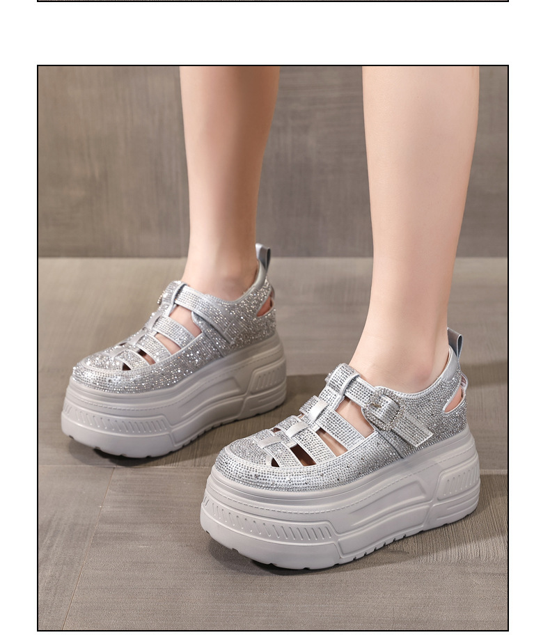 Giày sneaker nữ đế dày tăng chiều cao, phối đá rhinestone, kiểu dáng thể thao trắng tinh — màu trắng chi tiết 13