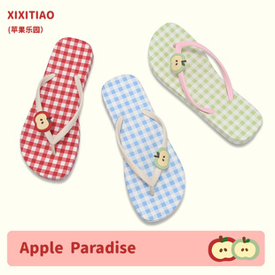 Thin Summer Beach Vacation Cute Flip-Flops for Women Ins Contrasting Plaid Red Apple Flip-Flops