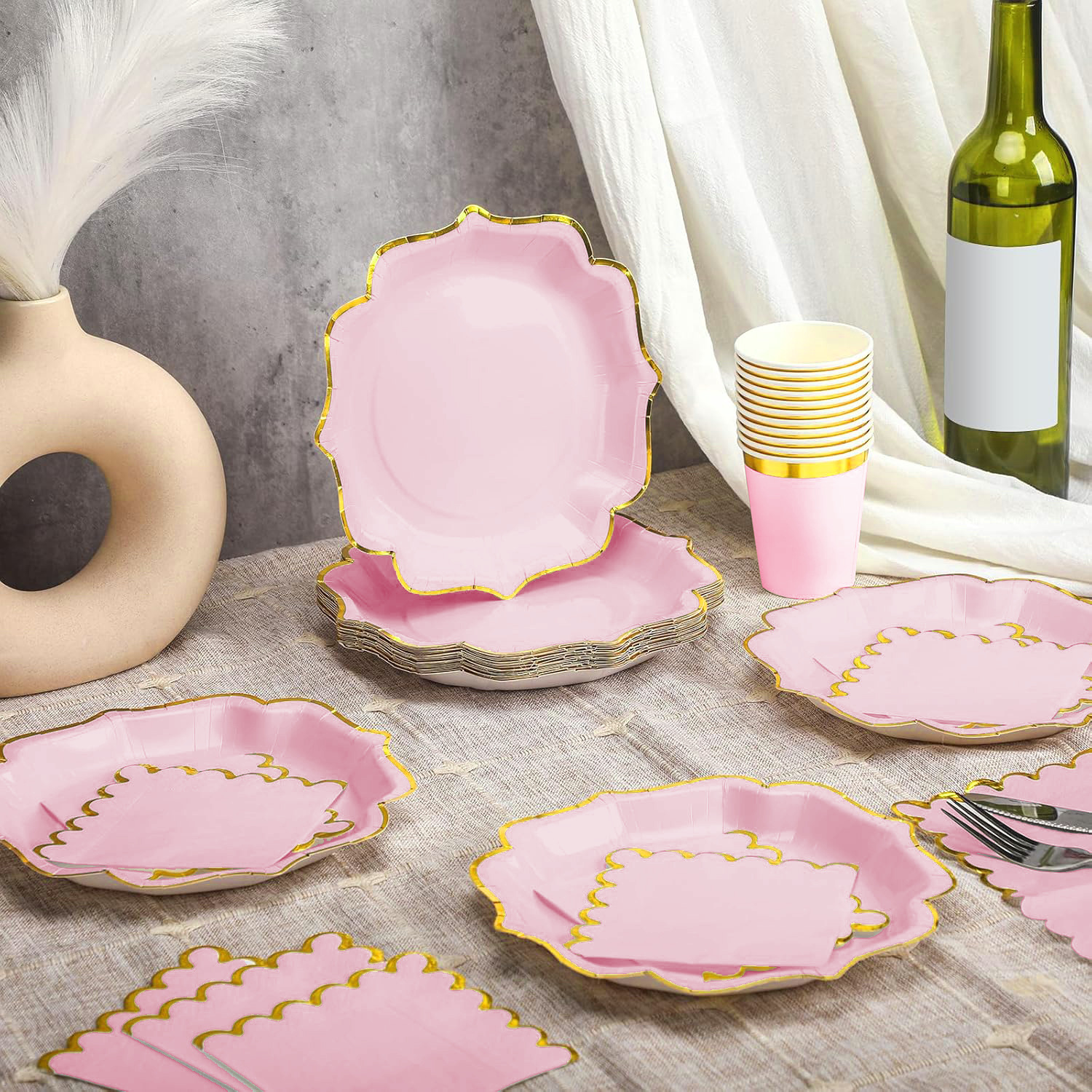 Elegant Pink & Gold Disposable Party Tableware Set - 7” Plates, 8.6” Plates, 9oz Cups, 6.3” Napkins_voghion.com
